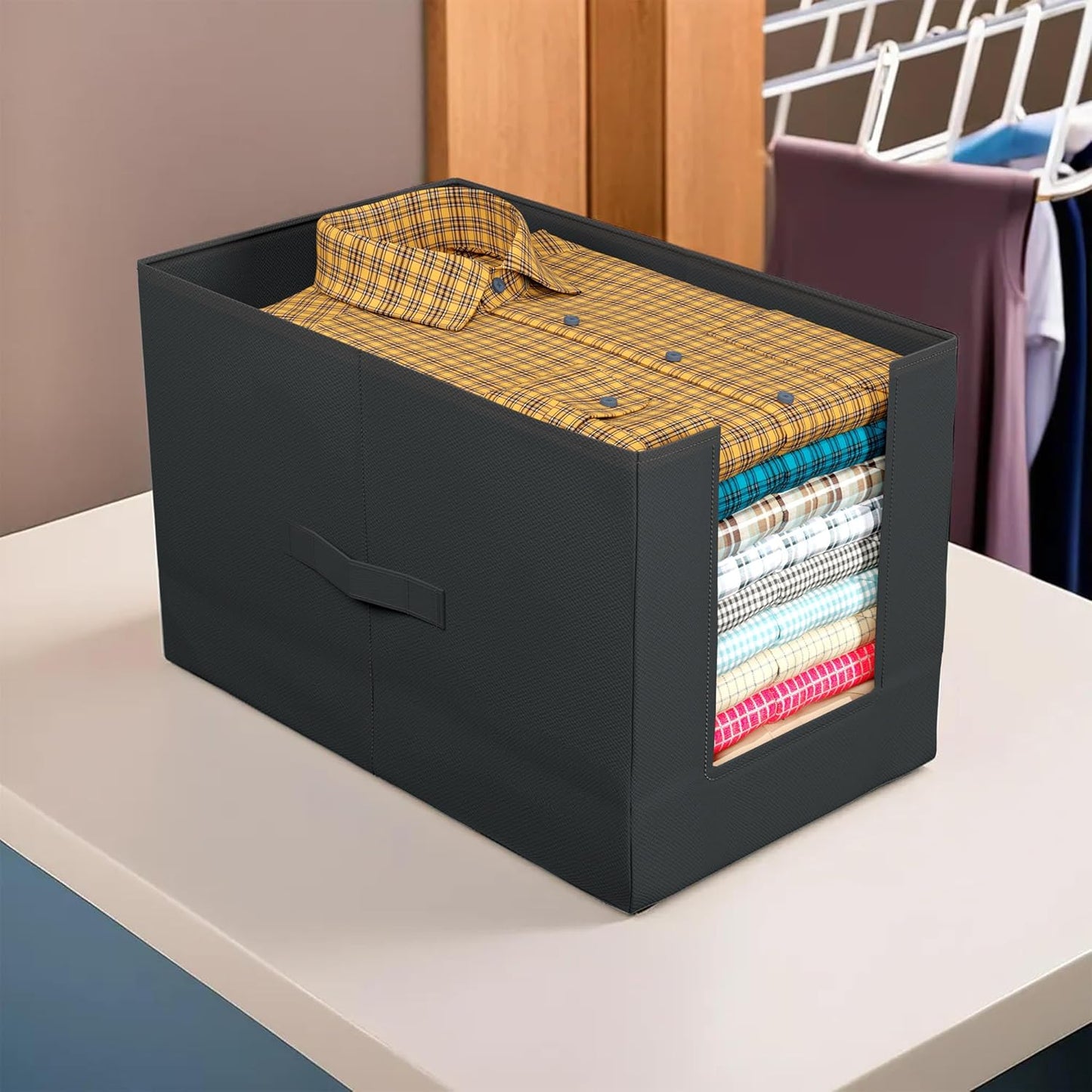 Shirt Organizer for Wardrobe|Foldable Non Woven Shirt Stacker|Designer Cupboard Organizer for Clothes |Clothes Storage box|Pack Of 2 (Black)
