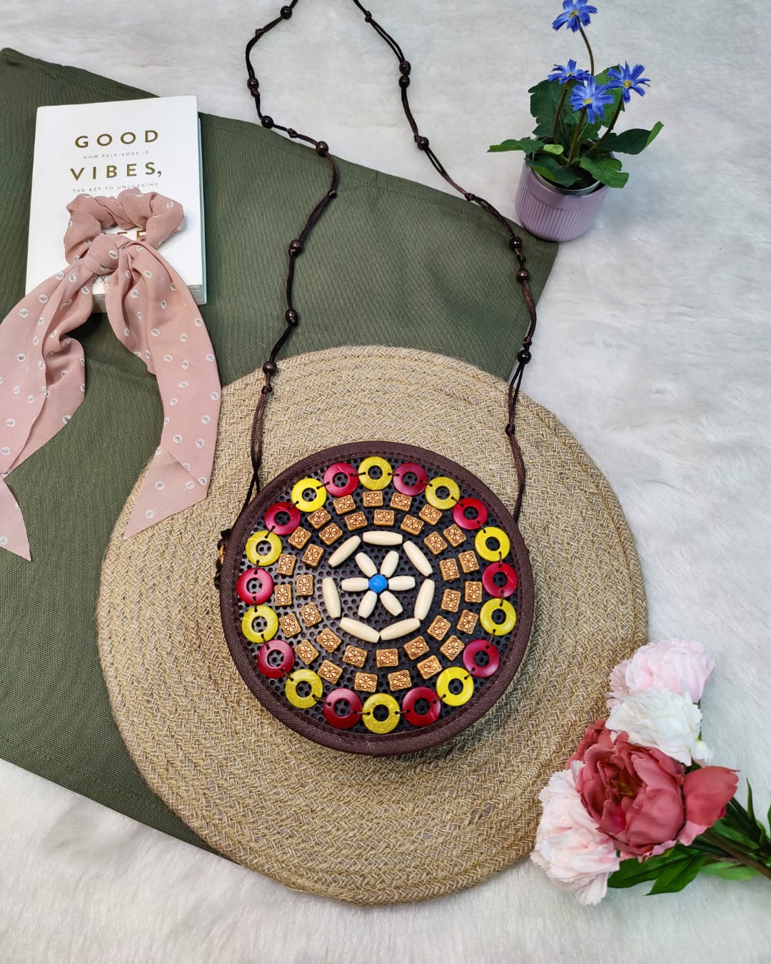 Coconut shell beaded round sling bag