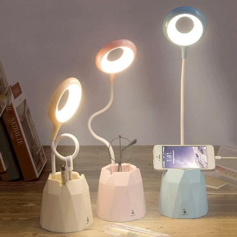 LED Table Desk Lamp, 360° Flexible, Study Lamp, Foldable Read Ring Light, Pen Stand Holder, Phone Bracket, Rechargeable, 3 Colour Modes