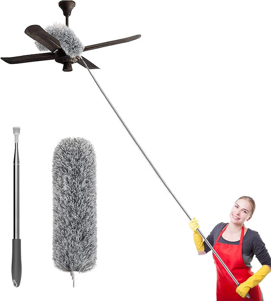 Long Handle Microfiber Feather Fan Ceiling Duster for Dust Cleaning with extendable Pole 100 Inch with Anti Scratch Bendable Brush for Cleaning High roof