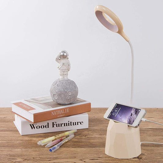 LED Table Desk Lamp, 360° Flexible, Study Lamp, Foldable Read Ring Light, Pen Stand Holder, Phone Bracket, Rechargeable, 3 Colour Modes