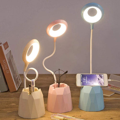 LED Table Desk Lamp, 360° Flexible, Study Lamp, Foldable Read Ring Light, Pen Stand Holder, Phone Bracket, Rechargeable, 3 Colour Modes