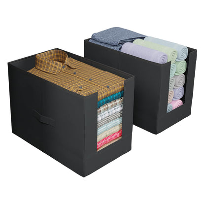 Shirt Organizer for Wardrobe|Foldable Non Woven Shirt Stacker|Designer Cupboard Organizer for Clothes |Clothes Storage box|Pack Of 2 (Black)