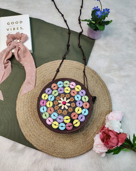 Coconut shell beaded round sling bag